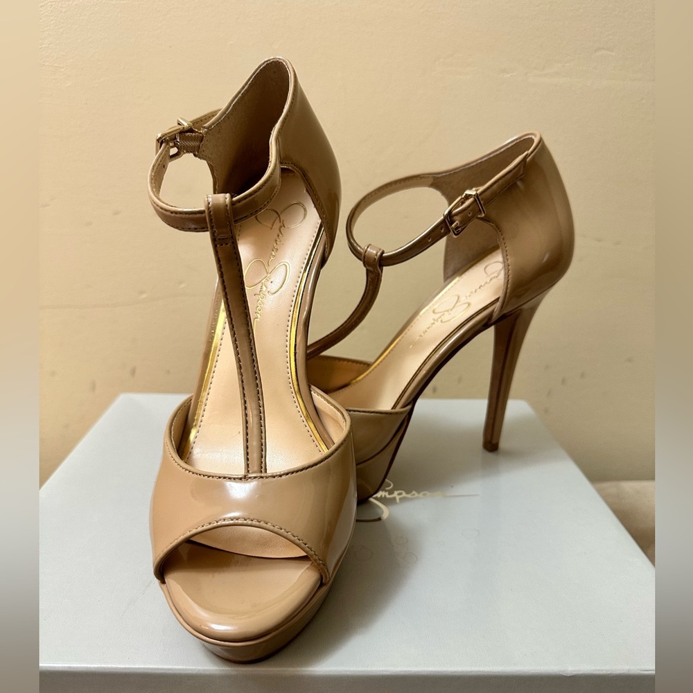Jessica Simpson T-Strap Patented Leather Nude Platform Pump